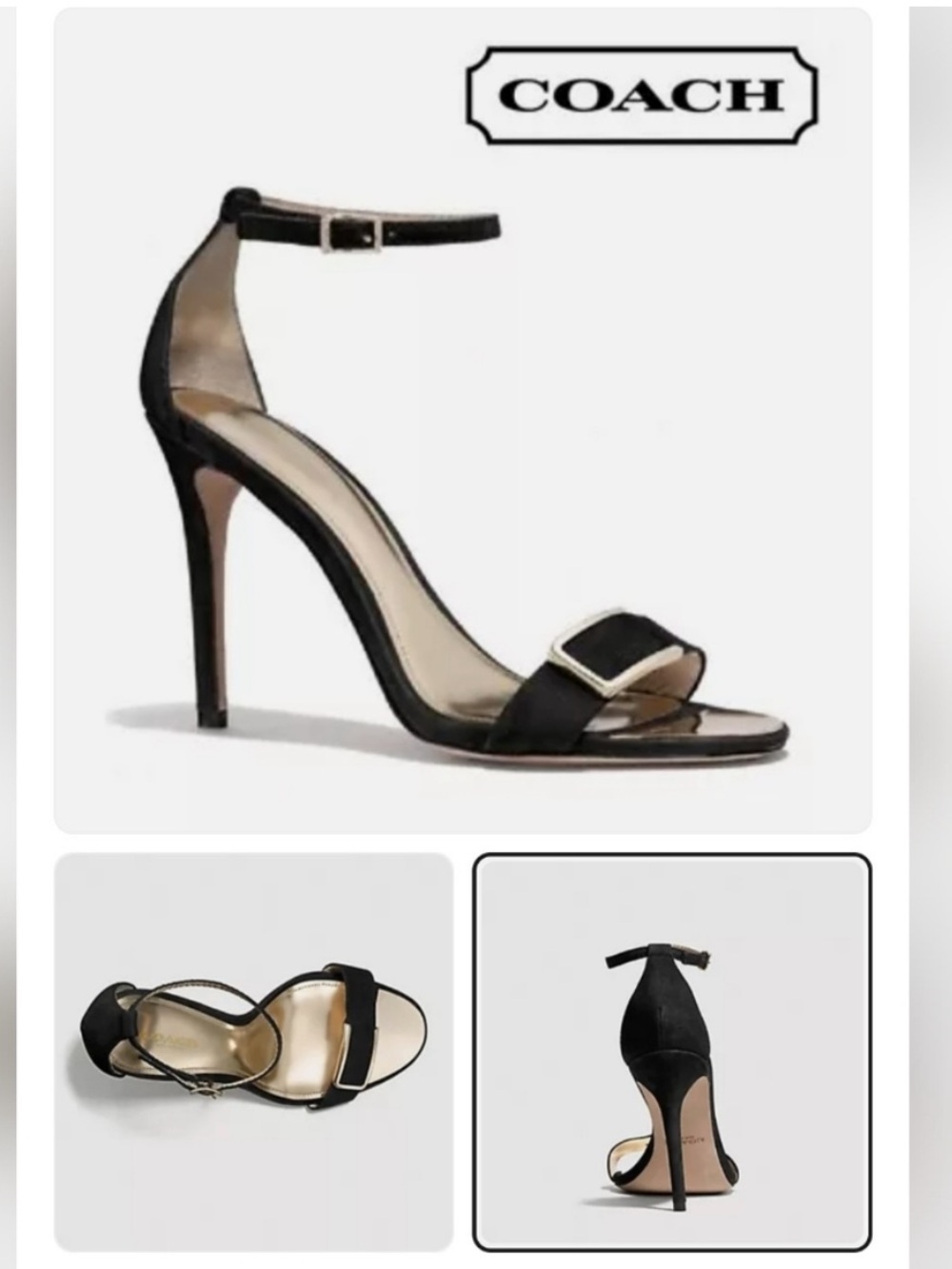 Coach Hampton Nubuck Black Suede Heels with Ankle Strap Gold Hardware Size 11